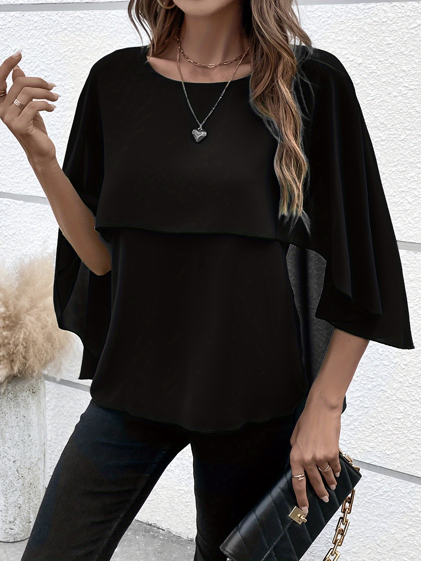 Solid Layered Cloak Sleeve Blouse, Versatile Crew Neck Blouse For