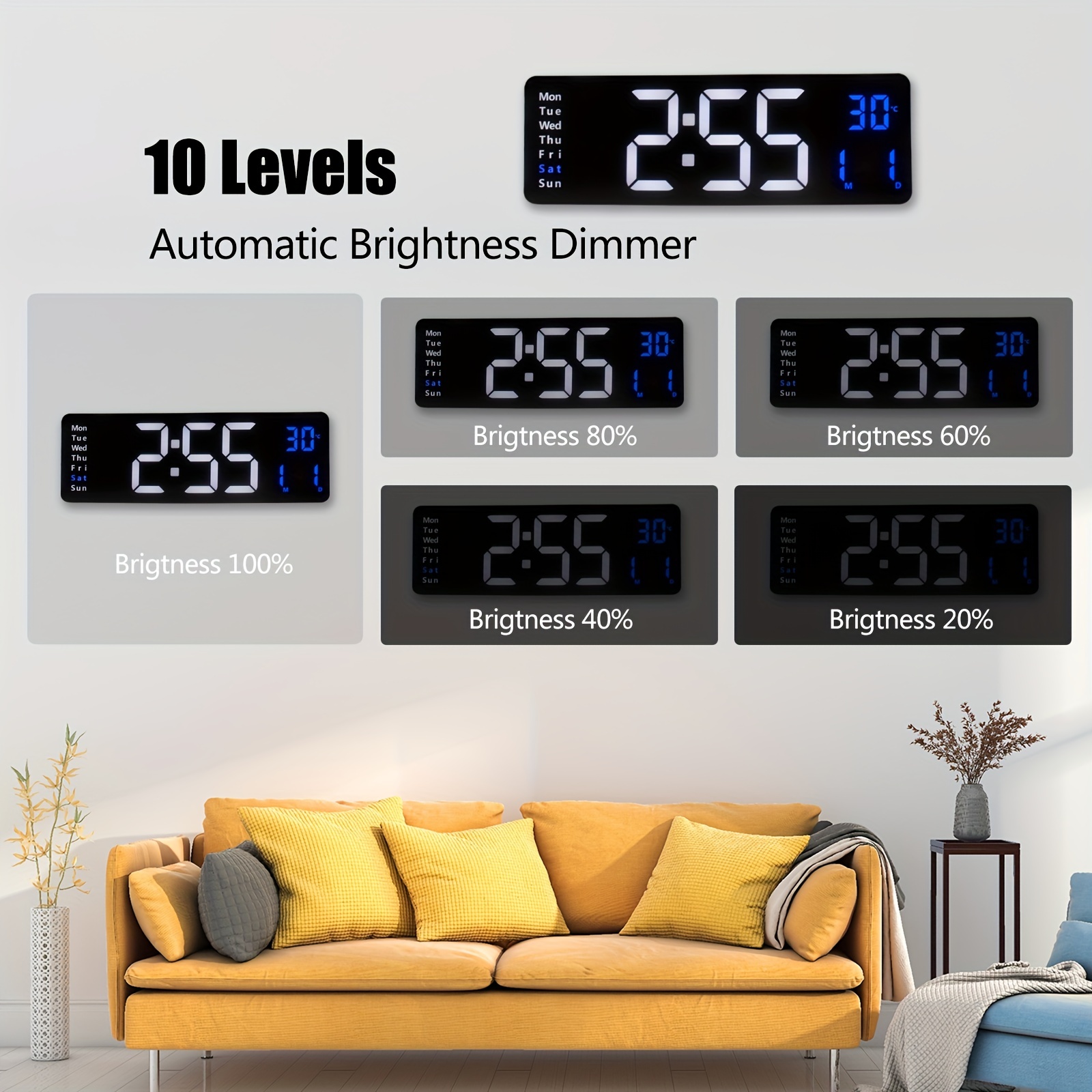 Reloj de pared digital con pantalla grande, 16.2 pulgadas, reloj digital  LED con control remoto para decoración de sala de estar, atenuador  automático