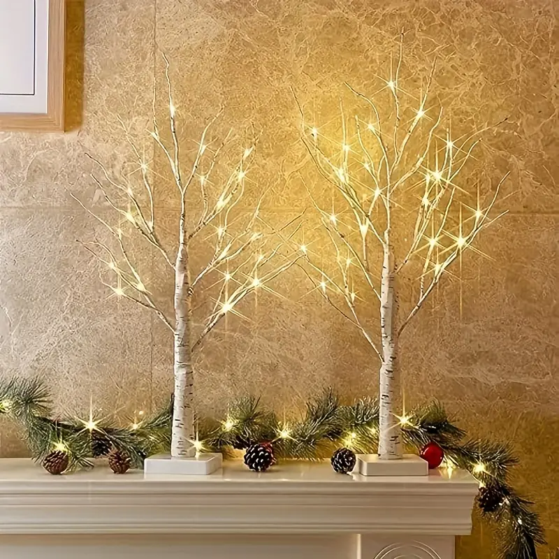 1pc Décorations De Noël Arbre De Bouleau Avec Lumières LED, Blanc