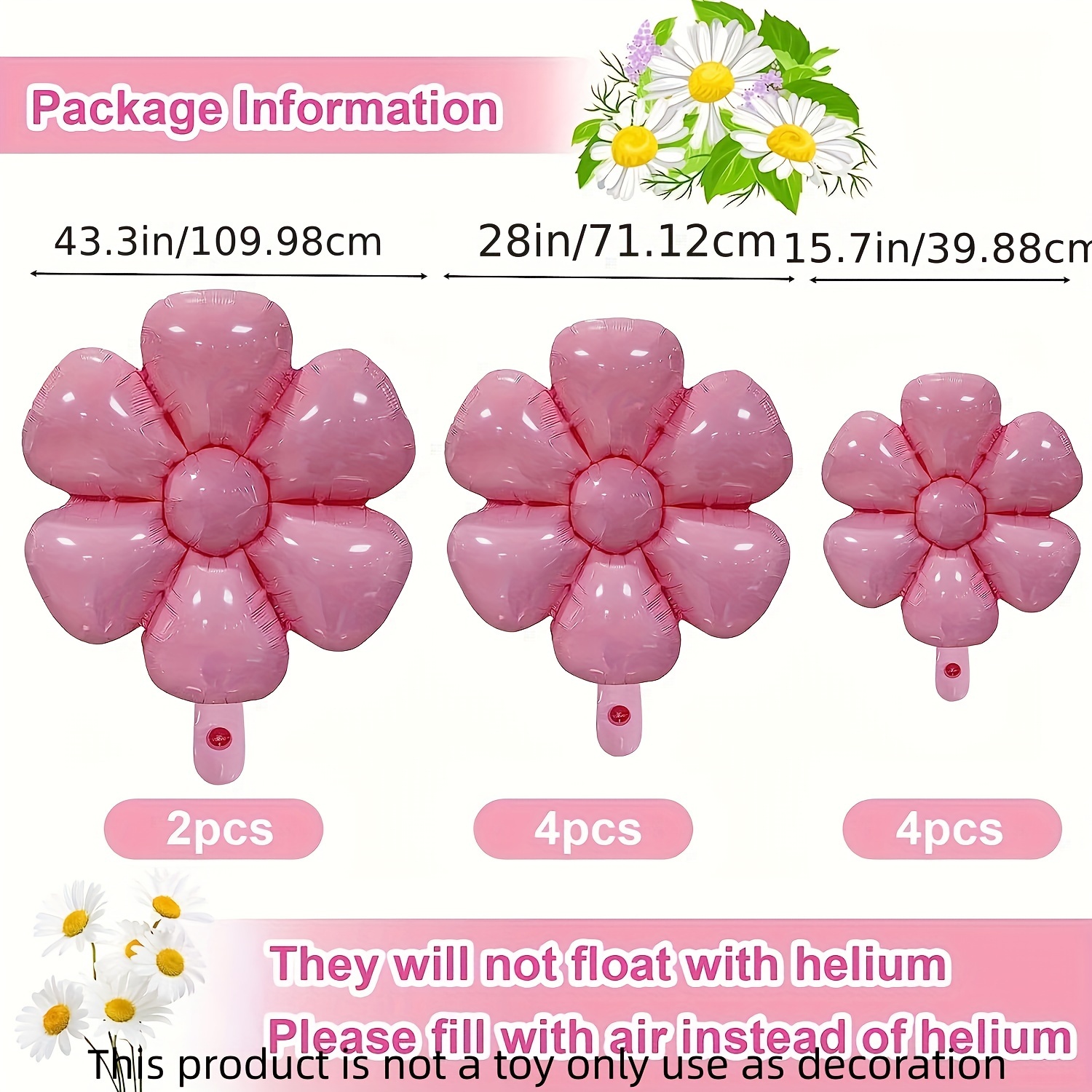 5Pcs Birthday Flowers Balloons Party Decorations Pink Daisy Balloon Floral  Aluminum Foil Balloons Decor Supplies for Birthday, Baby Shower, Wedding