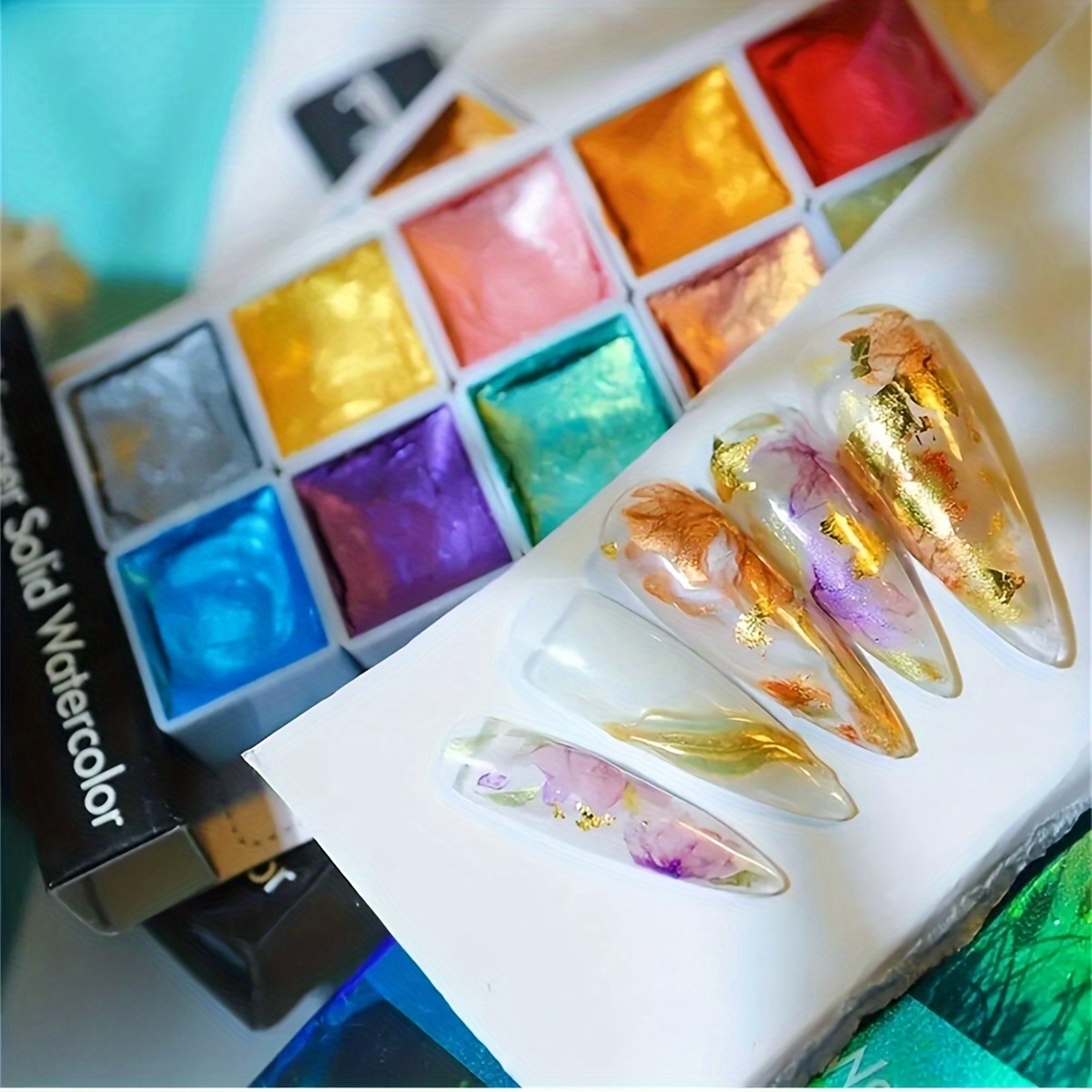 12 Colors Solid Watercolor Paints Set Pearlescent Pigment Metallic Glitter  Art Supplies