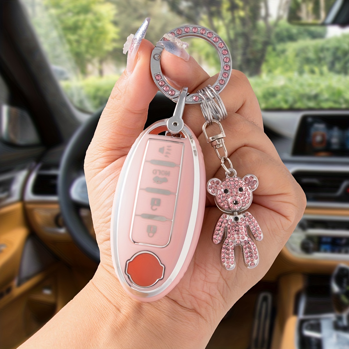 Luxury Car KeyChains - Minnie/Bear Keychain with Pom Pom - USA Seller