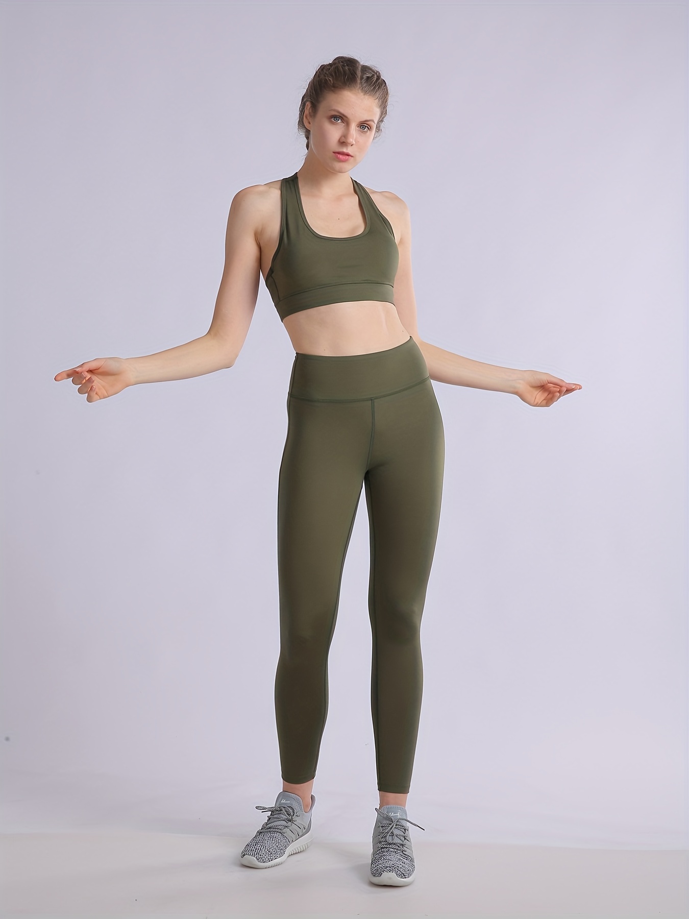 2pcs Solid Yoga Sports Bra & Leggings Set Women's Activewear
