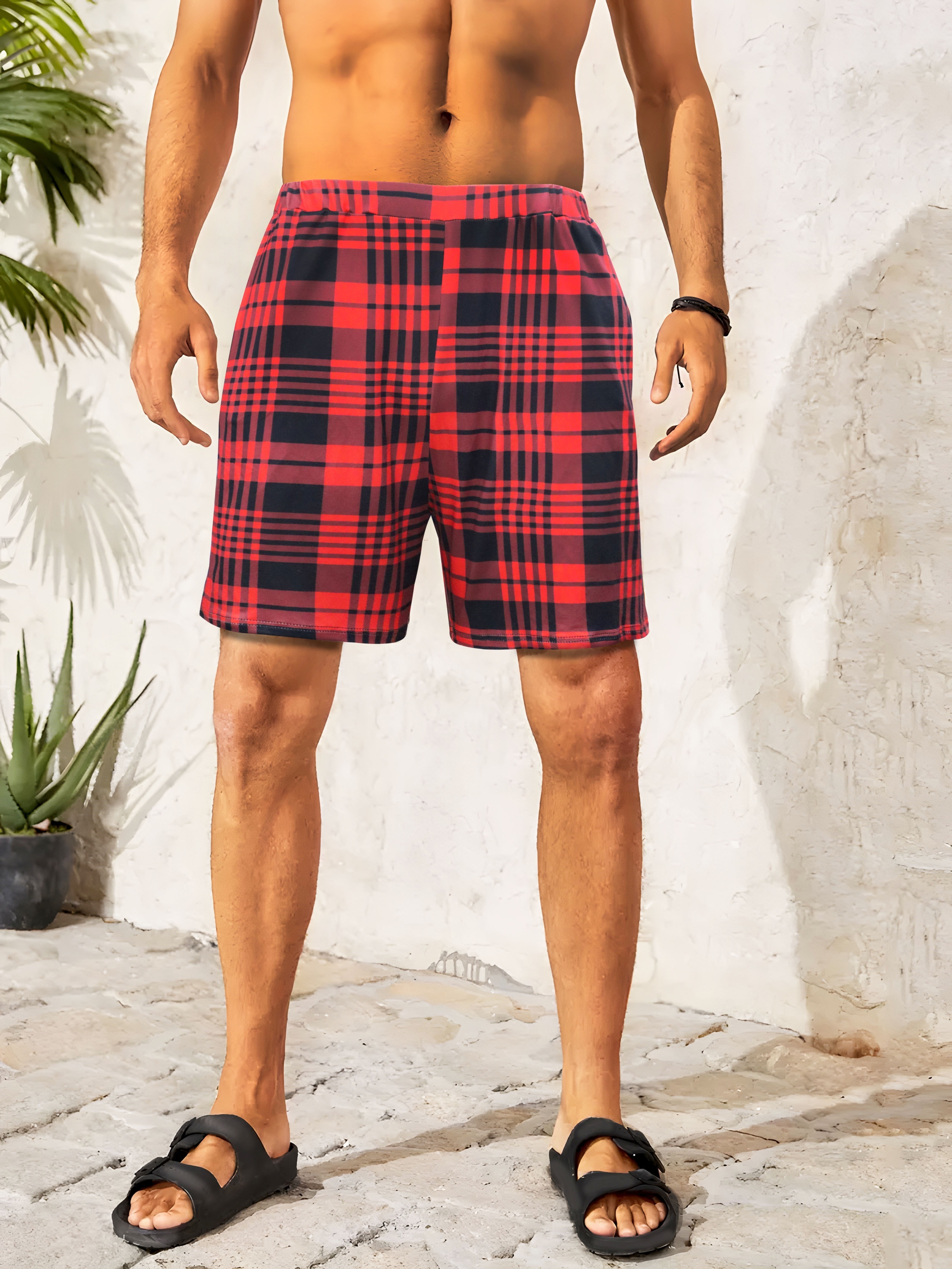 Men's Classic Plaid Pajama Shorts Elastic Waist Shorts - Temu