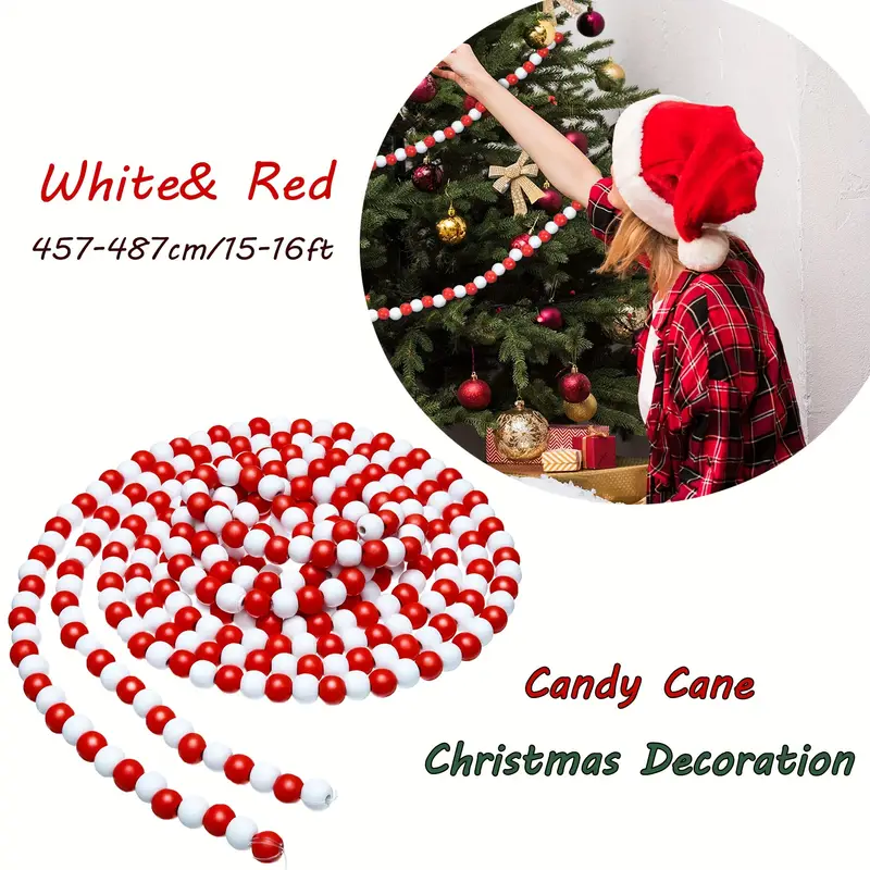 16 Feet Fall Wooden Bead Garland Christmas Wood Bead Garland Candy Cane  Christmas Decoration Farmhouse Holiday Party Decoration Red And White  Garland