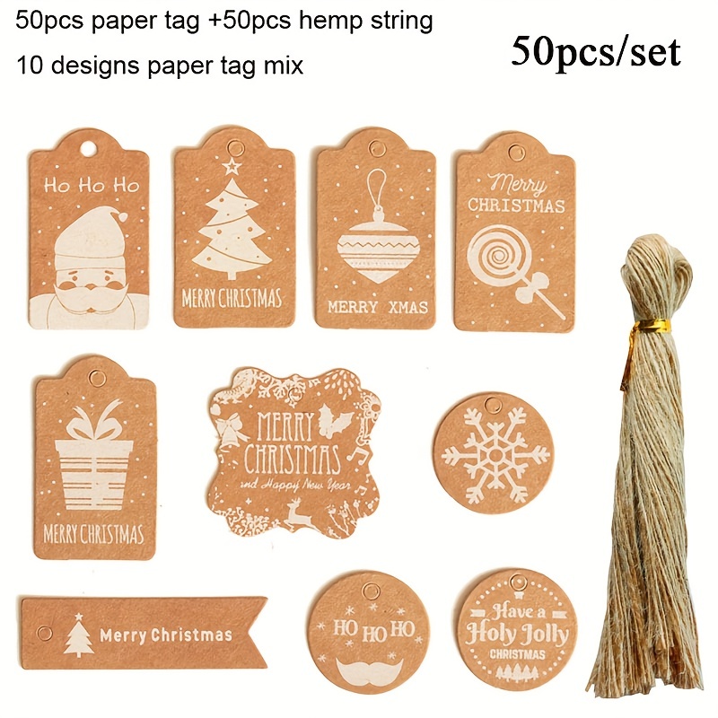 Christmas Gift Tags With String, 50pcs Brown Xmas Kraft Paper Tags