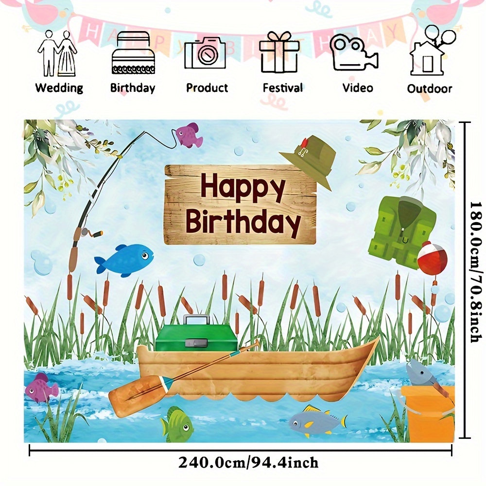 1pc, Happy Birthday Photography Background, Vinyl Let's Go Fishing Pool  Theme Cake Table Photo Banner Photo Studio Booth Props 82.6X59.0  Inch/94.4X70.
