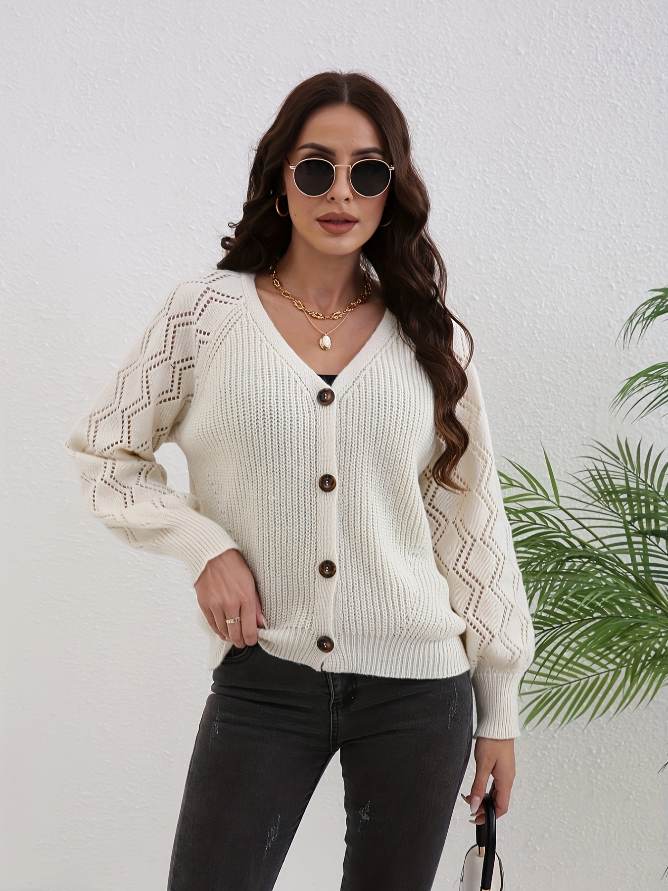 Solid Button Down Pointelle Knit Cardigan, Elegant Long Sleeve Loose  Sweater, Women's Clothing