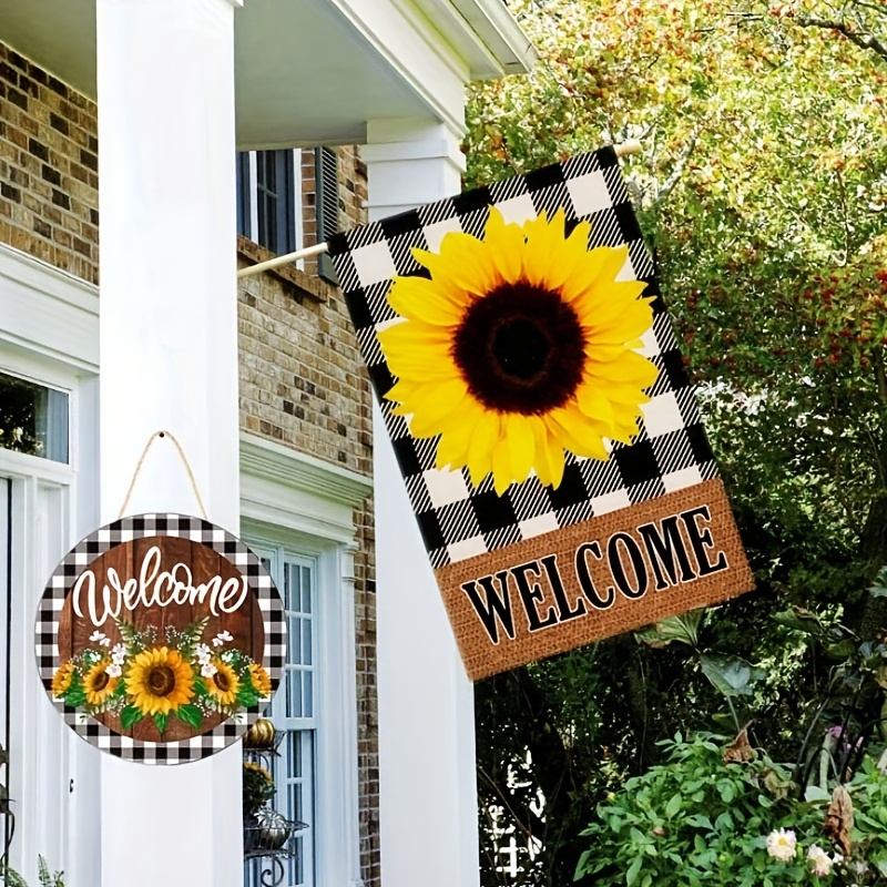 Colgador de puerta de madera de bienvenida de girasol de 12 pulgadas,  letrero de flores de madera grande inspirador para pared, porche, verano,  otoño