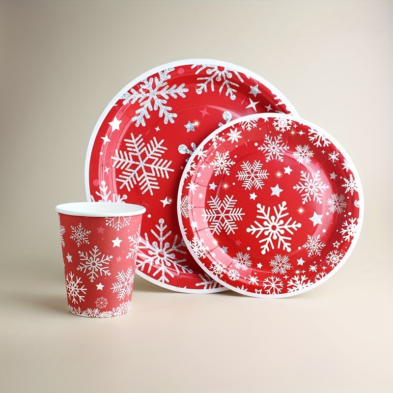 Fête de Noël Vaisselle jetable Treillis rouge Flocon de neige