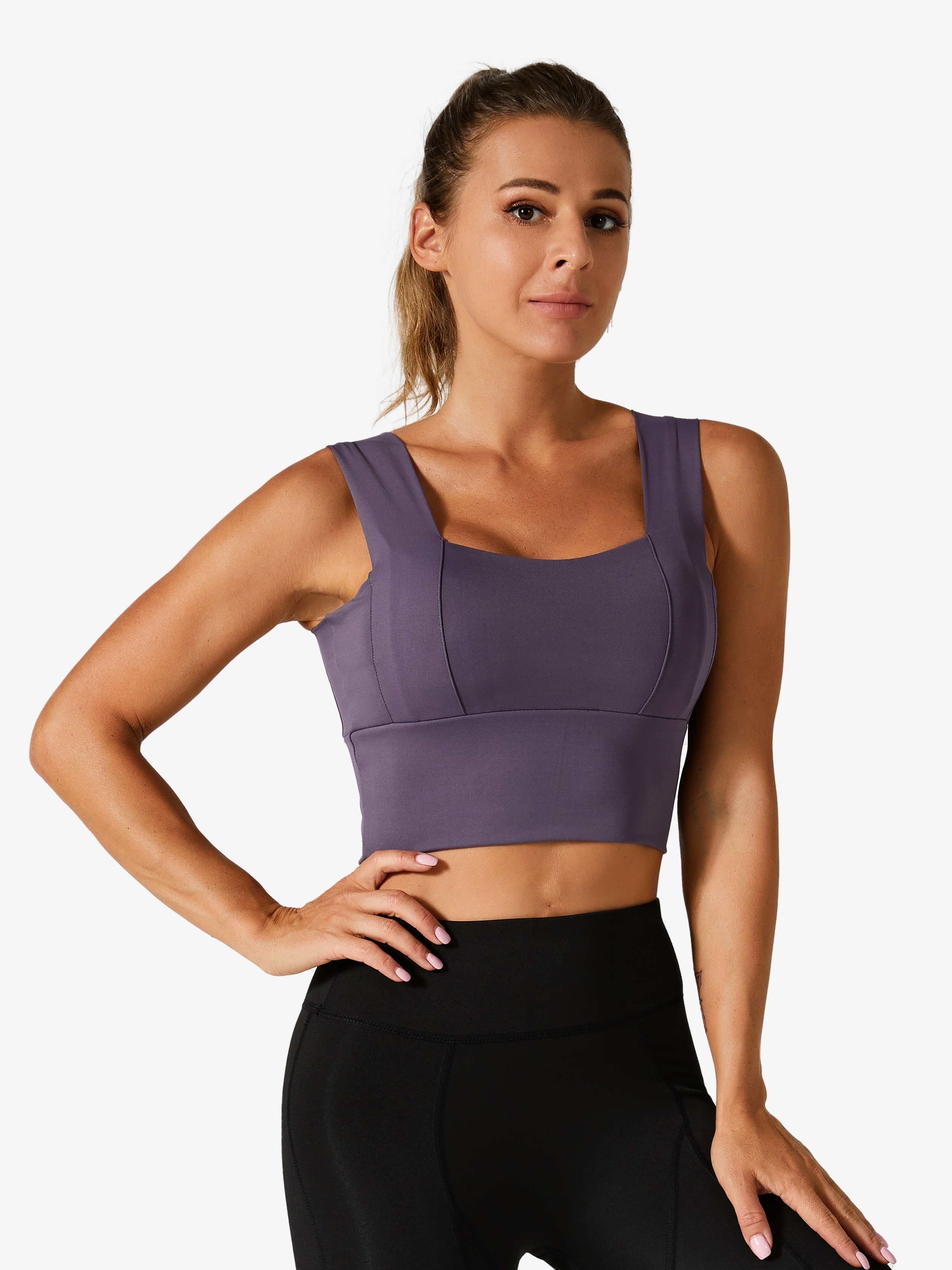 Solid High Impact Yoga Sports Bra Stretchy Square Neck - Temu Canada