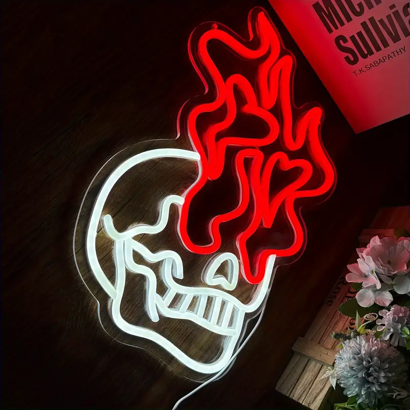 1pc Halloween Skull Head Neon Signs For Wall Decor Halloween Interior Decoration LED Signs Skeleton Neon Sign Skull Fire Neon Lights For Man Cave Club Bedroom Halloween Gifts 16 1 10 6in details 1