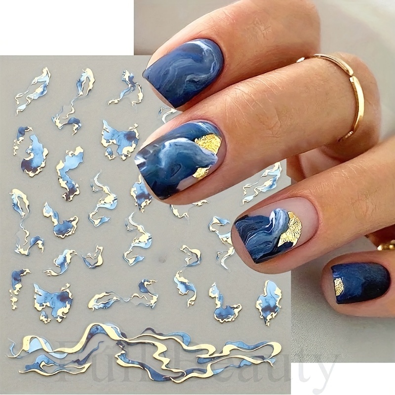 

3d Golden Wave Nail Sticker, Self Adhesive Blue Marble Geometric Abstract Flower Nail Art Decals, Nail Supplies For Nail Art Easter