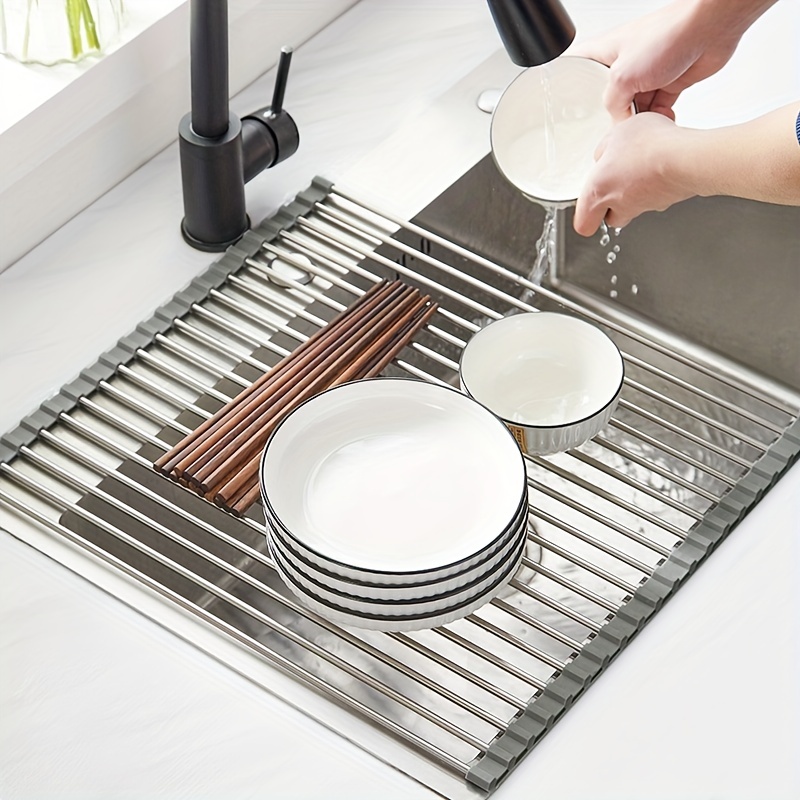 Stainless Steel Roll Up Dish Drying Rack - Over The Sink Kitchen Drainer -  Foldable Mat For Easy Storage - Temu United Arab Emirates