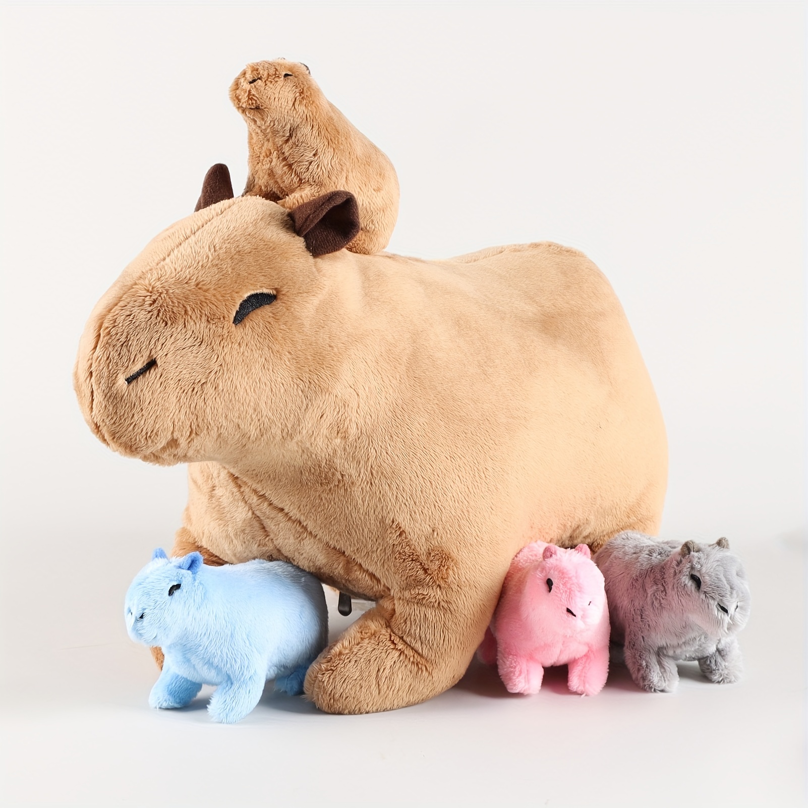 Kawaii Simulation Capybara Stuffed Animal-13.38'' Mommy Stuffed Capybara  With 4 Baby Capybara Stuffed Animals Inside Zipper Tummy, Stuffed Simulation