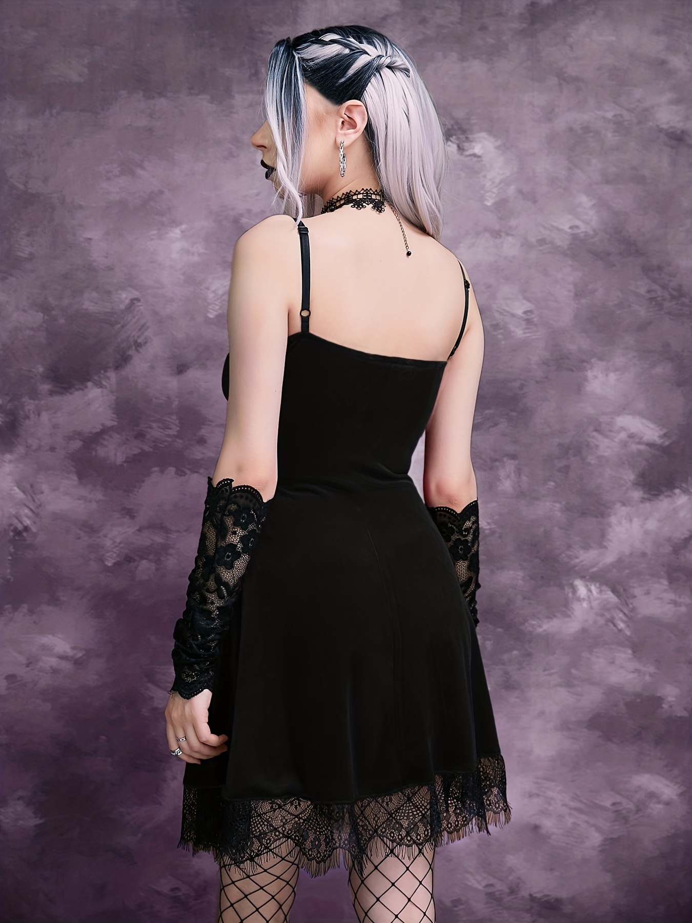 Solid Contrast Lace Dress Gothic Drawstring Solid Mini Dress - Temu
