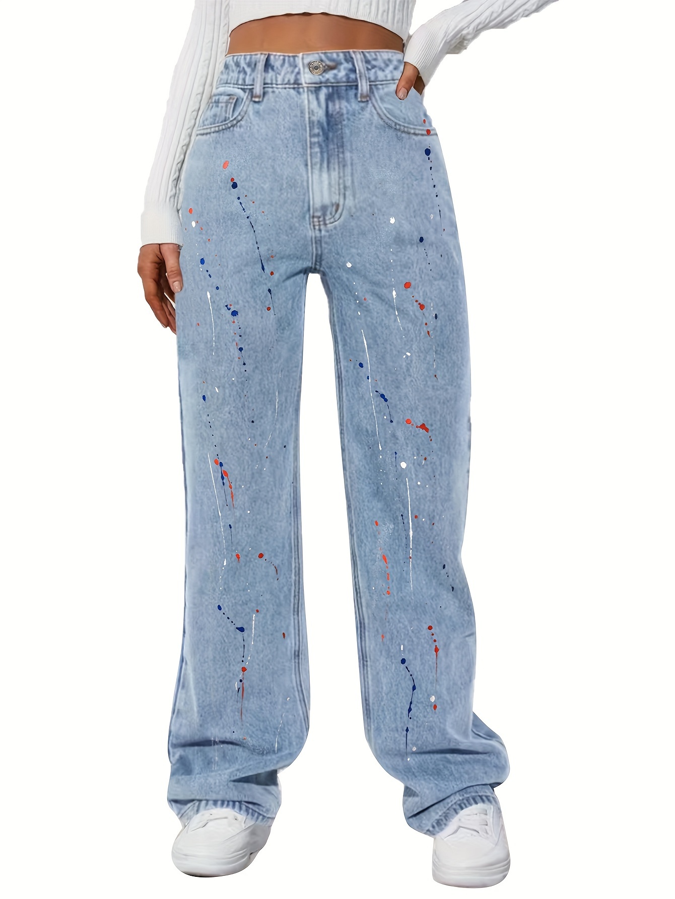 Blue Loose Fit Straight Jeans Slash Pockets Floral - Temu