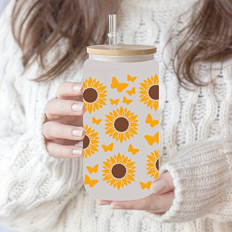 16oz Glass Water Cup With Bamboo Lid & Straw