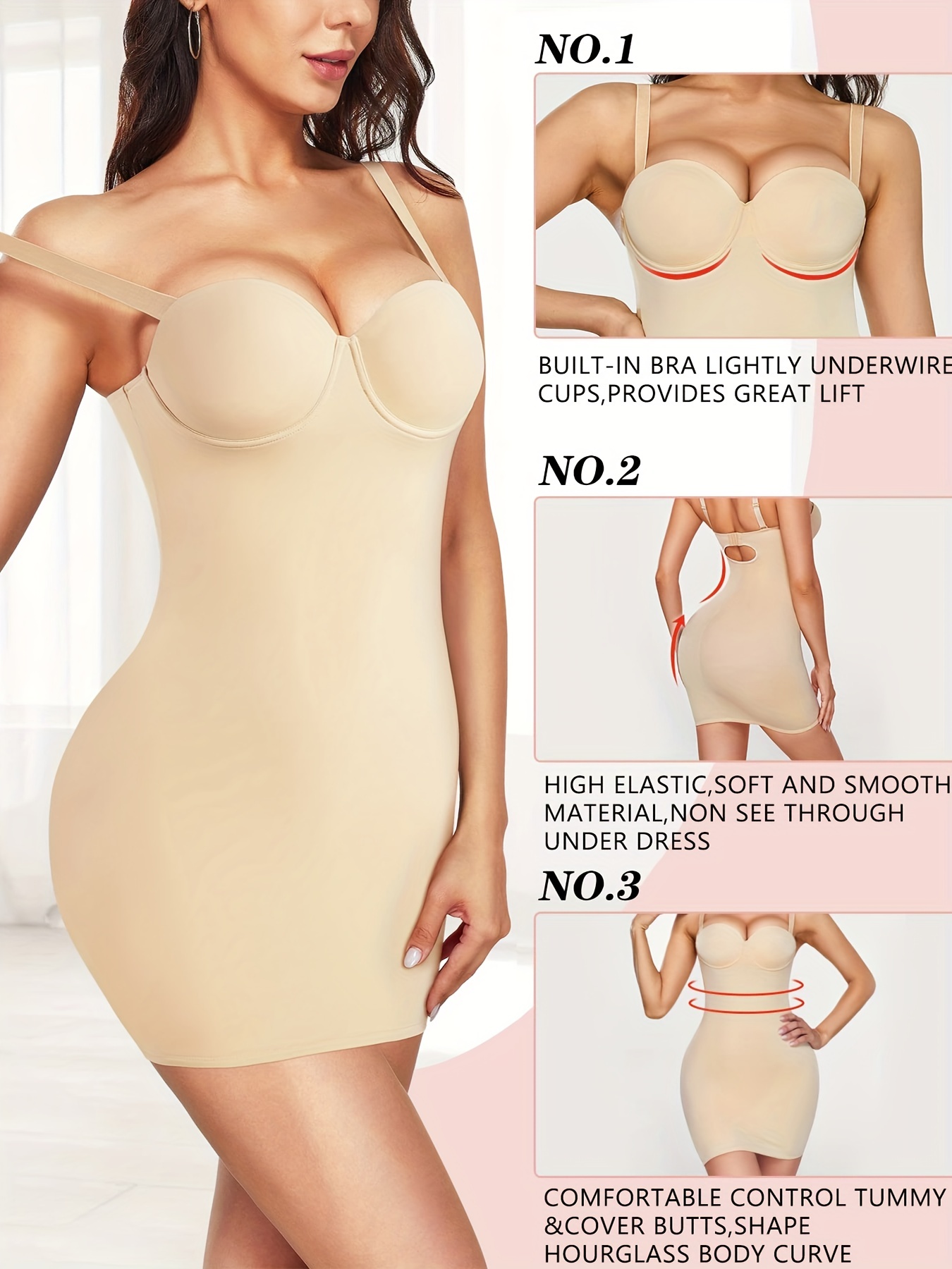 Ladies Seamless Shapewear Tummy Control Full Slips with Built-in Bra Under  Dress