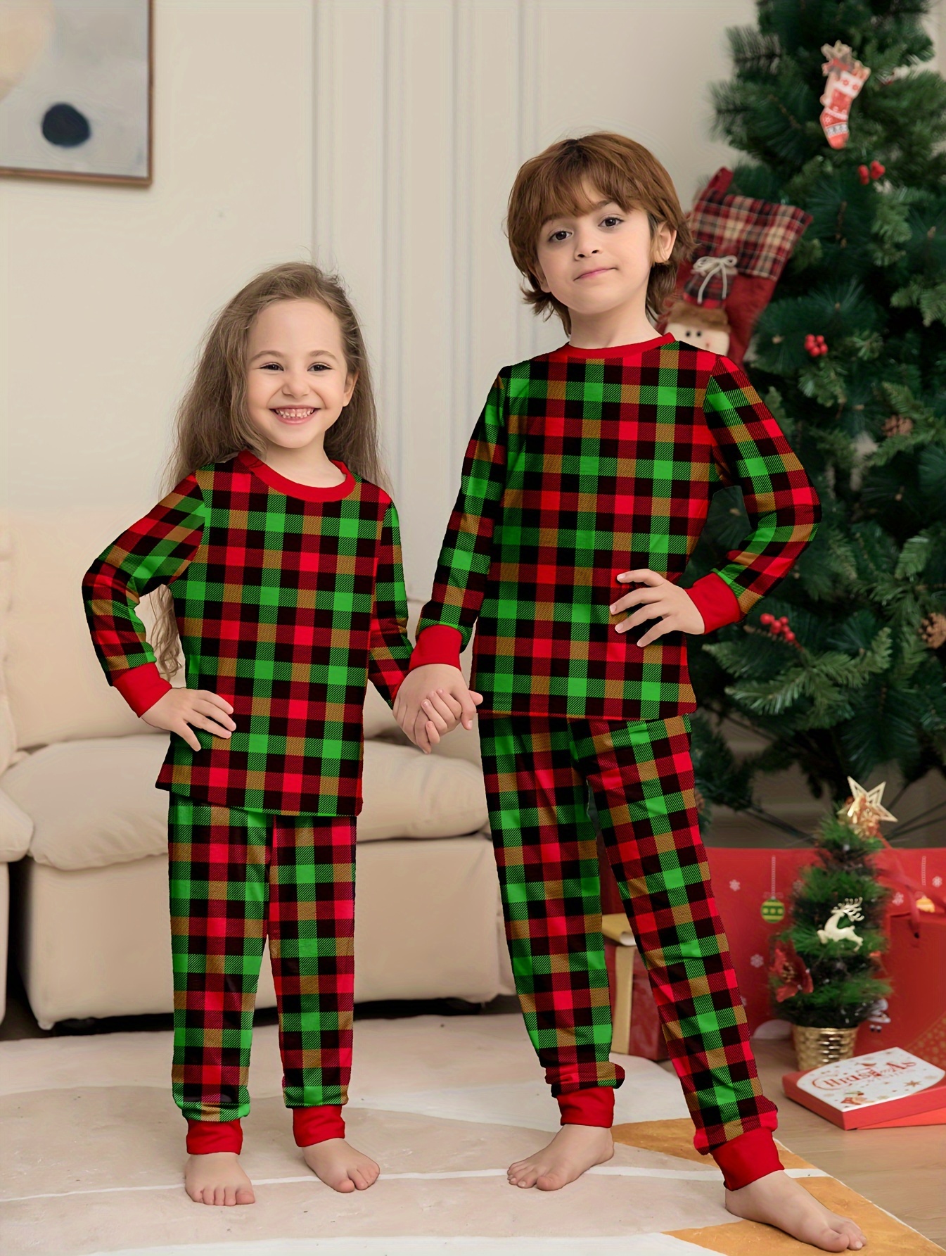 Christmas Toddler Boys Pajama Sets Colorblock Plaid Print - Temu