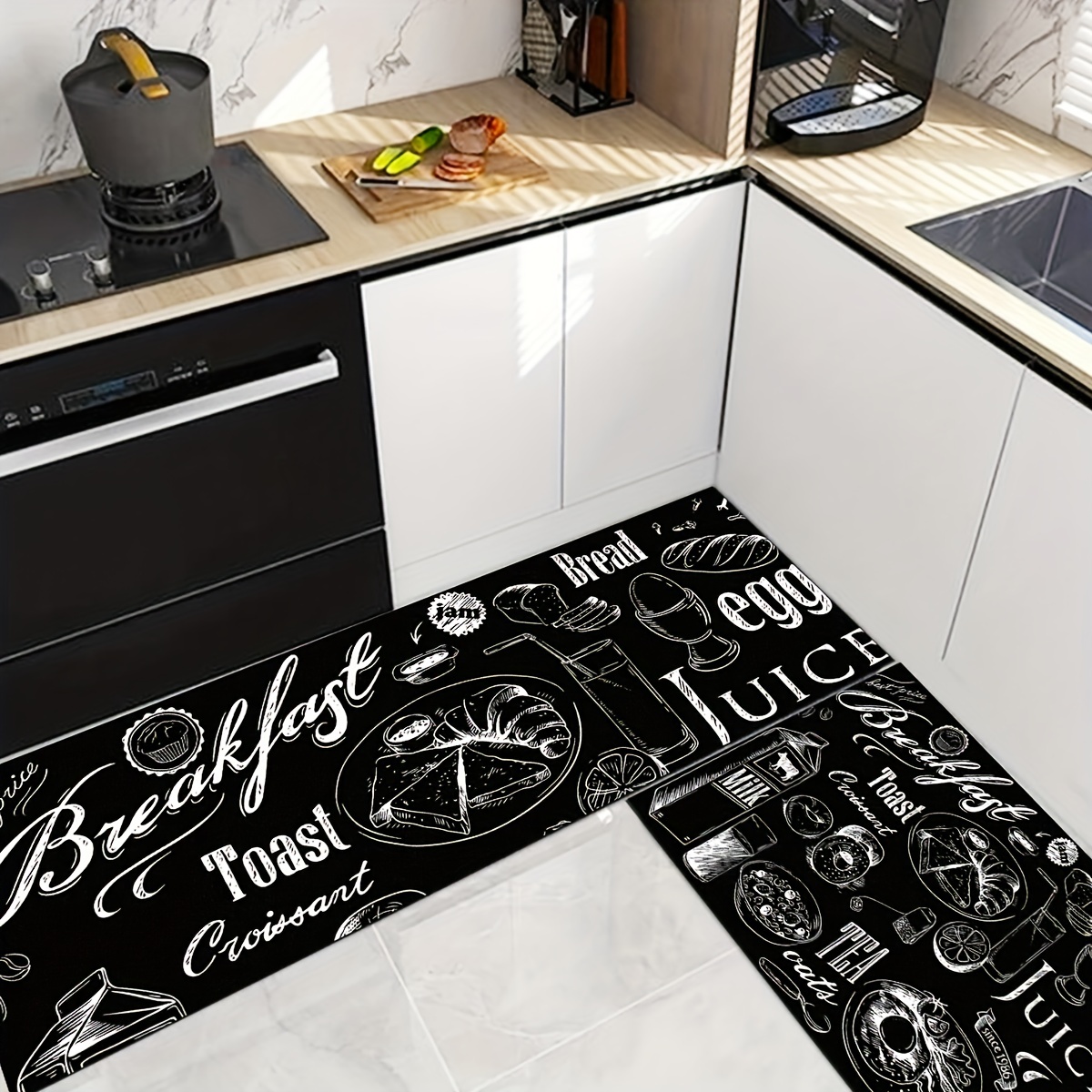 1pc Gray Deer Print Kitchen Floor Mat With Letter Pattern Simple