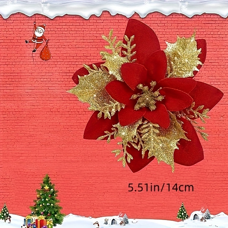 16 PCS Red Poinsettia Flowers Glitter Poinsettias Artificial Christmas  Flowers Decorations with Clips Stems for Xmas Tree Ornaments Wedding Party