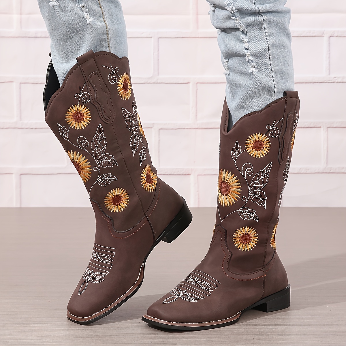 Women's Western Calf Boots Fashion Sunflower Embroidery - Temu Canada