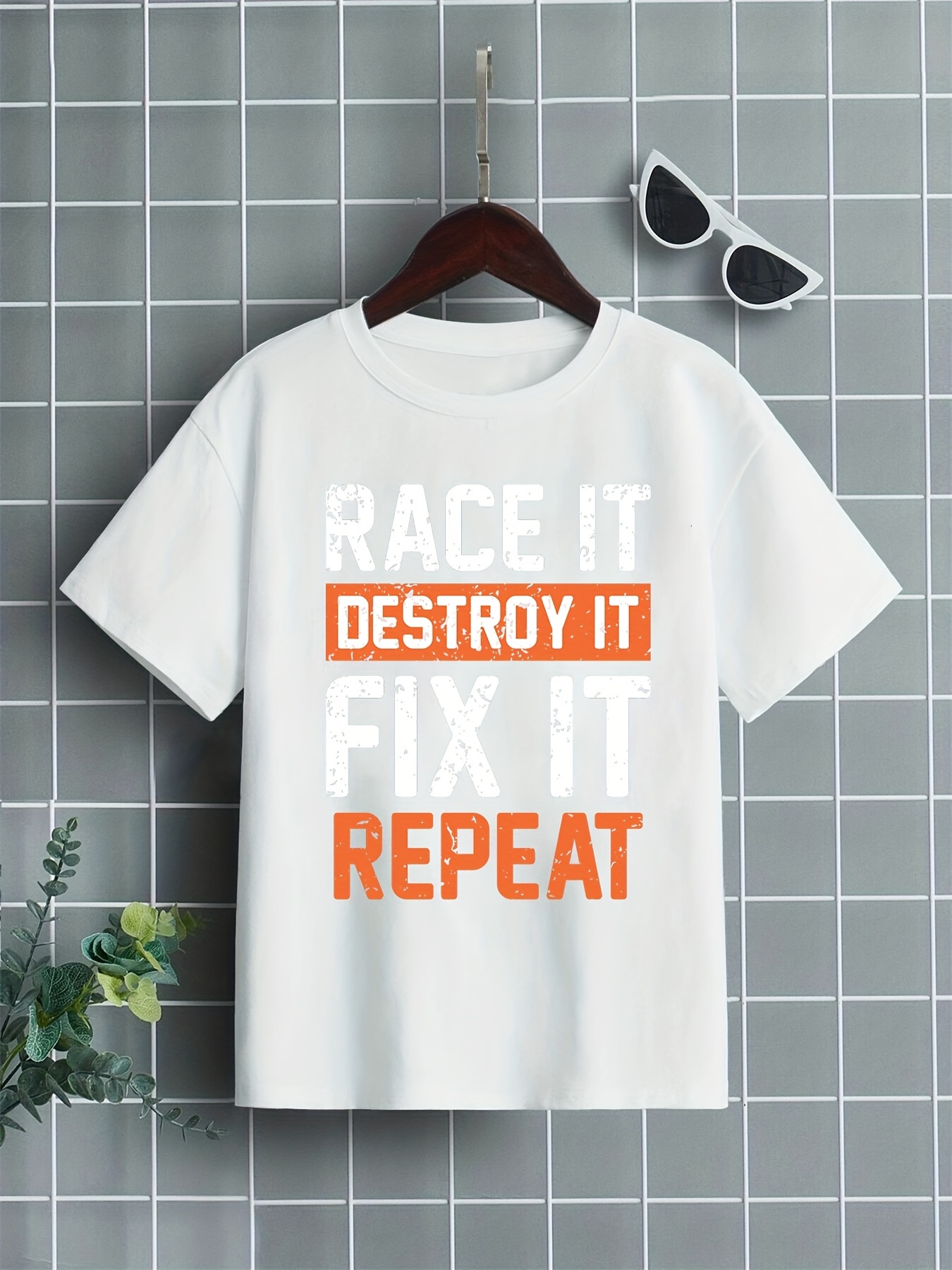 Boys Girls Teen Casual race Destroy Fix Repeat Round Neck - Temu