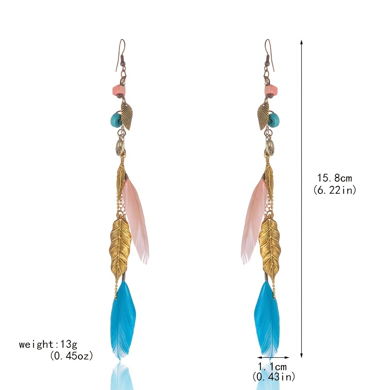 Bohemian Style Feather Tassel Drop Earrings, Leaf Decor