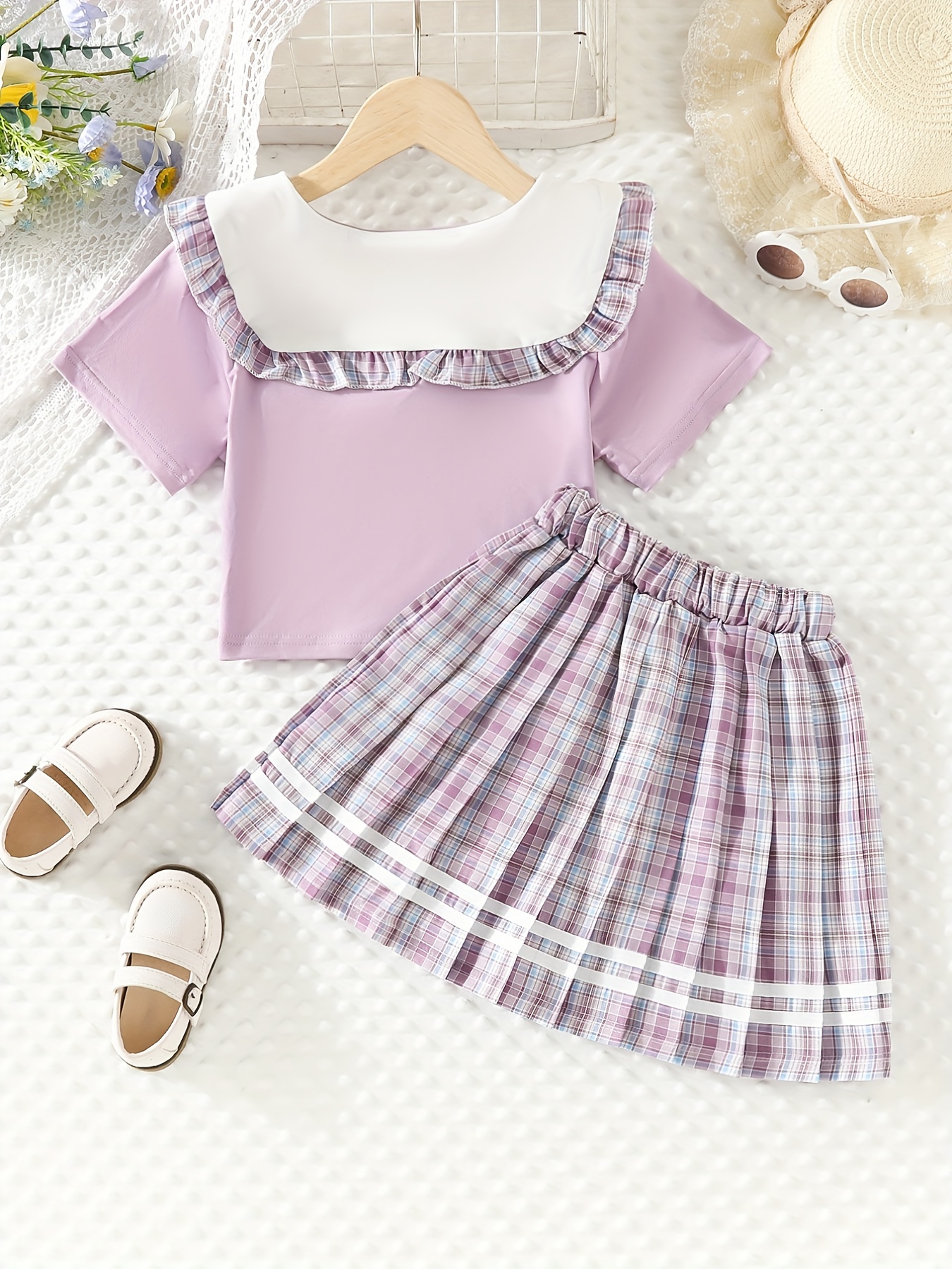 Girl's Preppy Style T shirt Plaid Print Pleated Skirts Set - Temu Japan