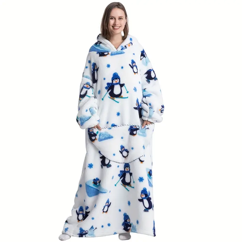 1pc extra long oversized blanket hoodie wearable blanket with sleeves and pockets super warm and cozy fleece throw giant blanket hoodie for women men details 3