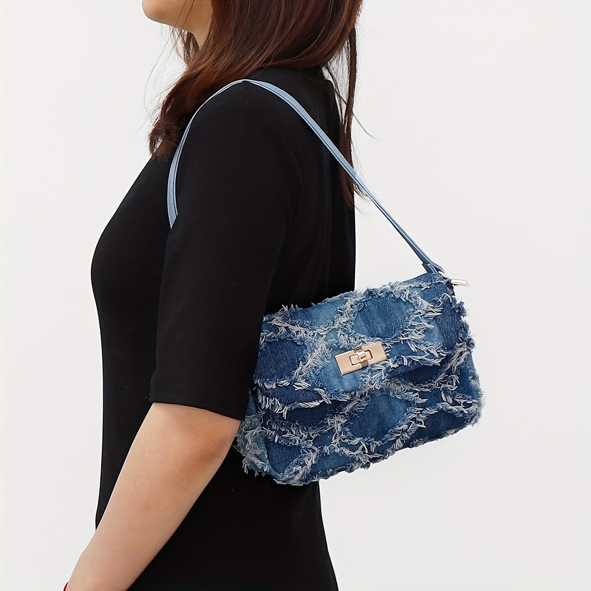 Vintage Denim Crescent Bag, Retro Tassel Shoulder Bag, Women's Y2k