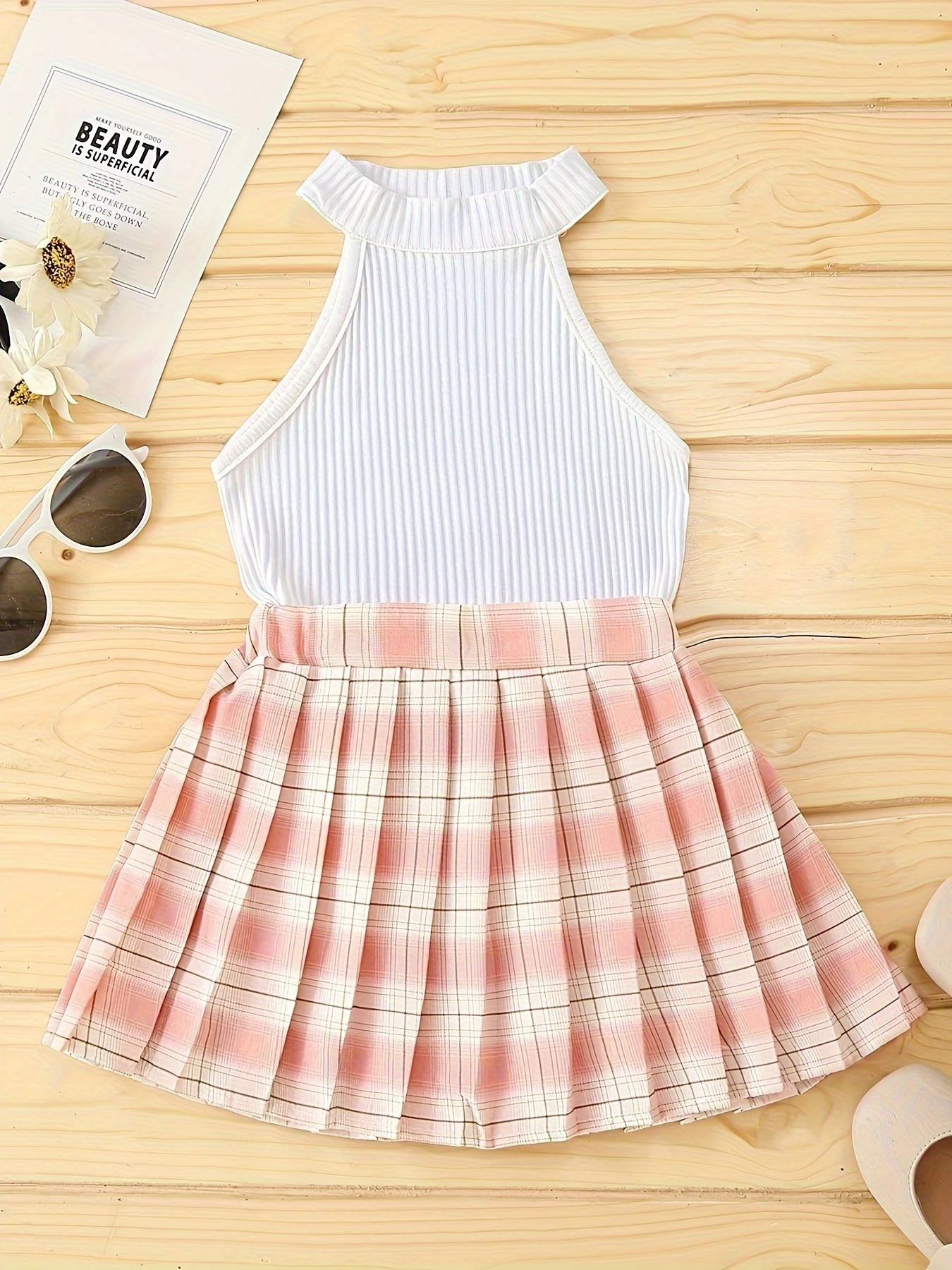 Pink Plaid Cropped Sleeveless Top And Skirt Set