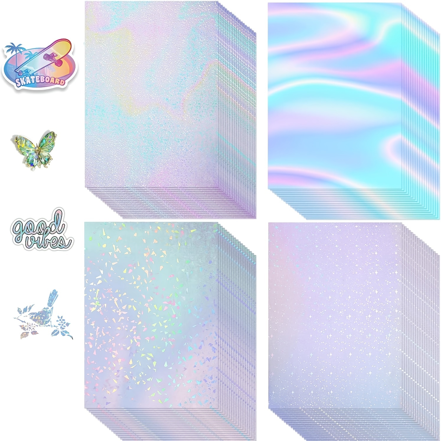 20Sheets Holographic Sticker Paper Clear A4 Vinyl Sticker Paper  Self-Adhesive Waterproof Transparent Film with Gem Spot Rainbow Star  Patterns, 11.7 x 8.3 Inch (Gem, Dot, Colorful, Star)