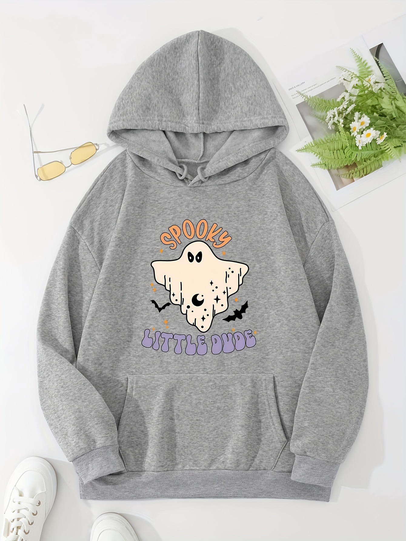 Cute Ghost Print Hoodie Casual Drawstring Kangaroo Pocket - Temu