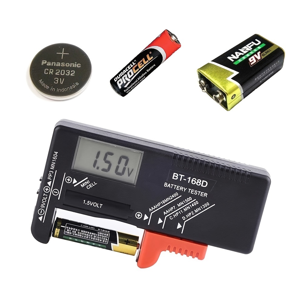 Comprobador de pilas y baterías AAA, AA, C, D, 9 V, LR1, A23 y