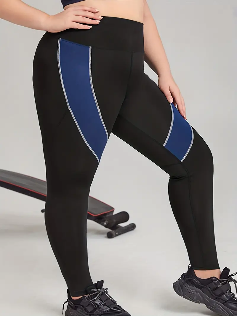 Plus Size Sports Leggings, Women's Plus Striped Wide Waistband High Stretch  Scrunch Butt Yoga Leggings