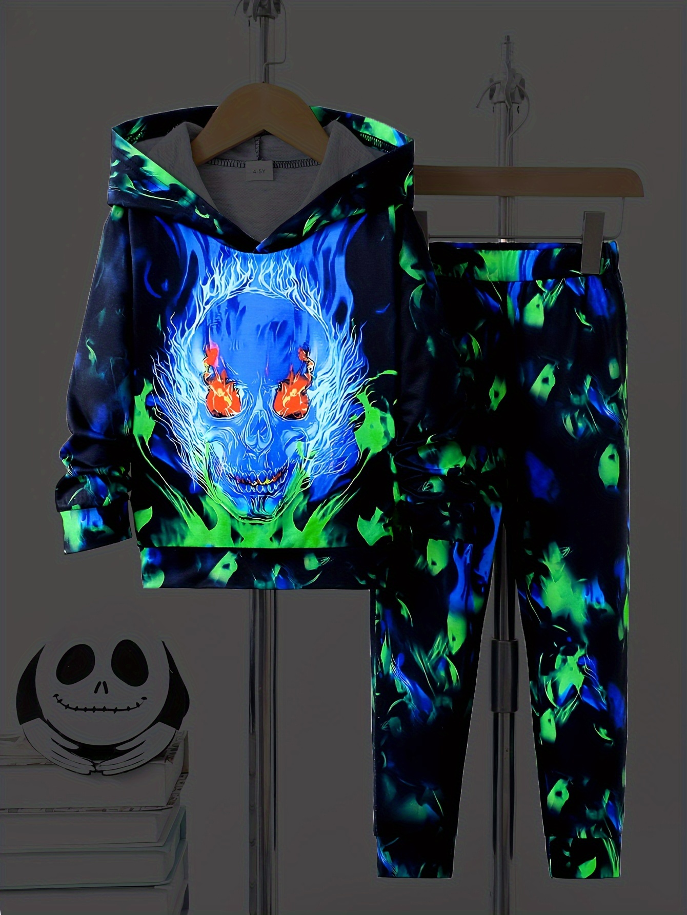 2pcs Boy's Blue Flame Skull Print Hooded Outfit, Hoodie & Pants Set, Kid's  Clothes For Fall Winter, As Halloween Gift