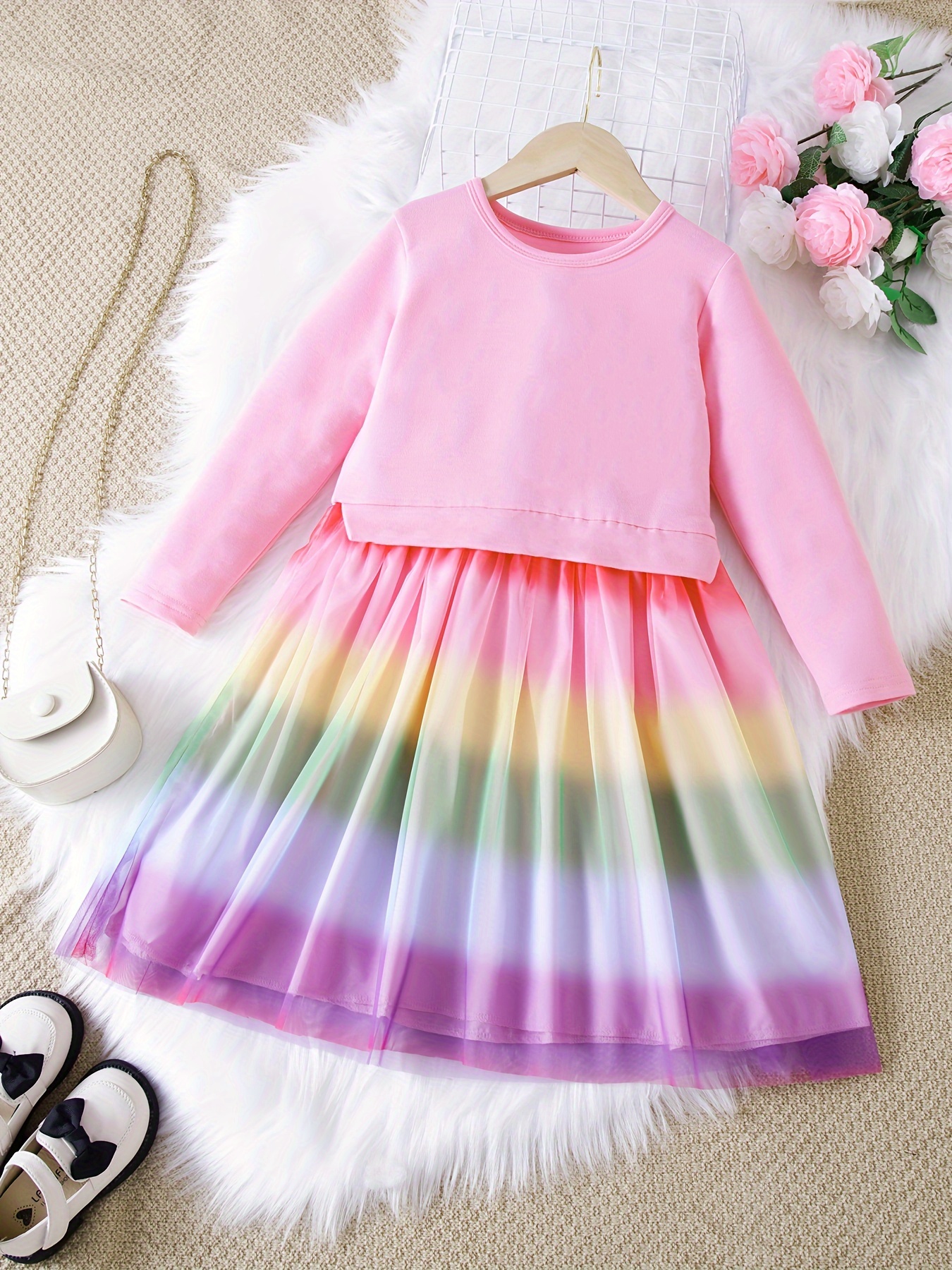 Kid Girl Sequined Long-sleeve Gradient Color Mesh Splice Dress