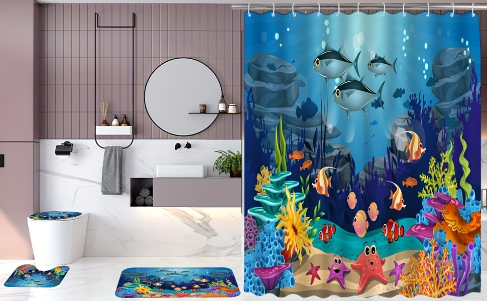 Shower Curtain Set Bathroom Rugs Underwater World Cartoon - Temu