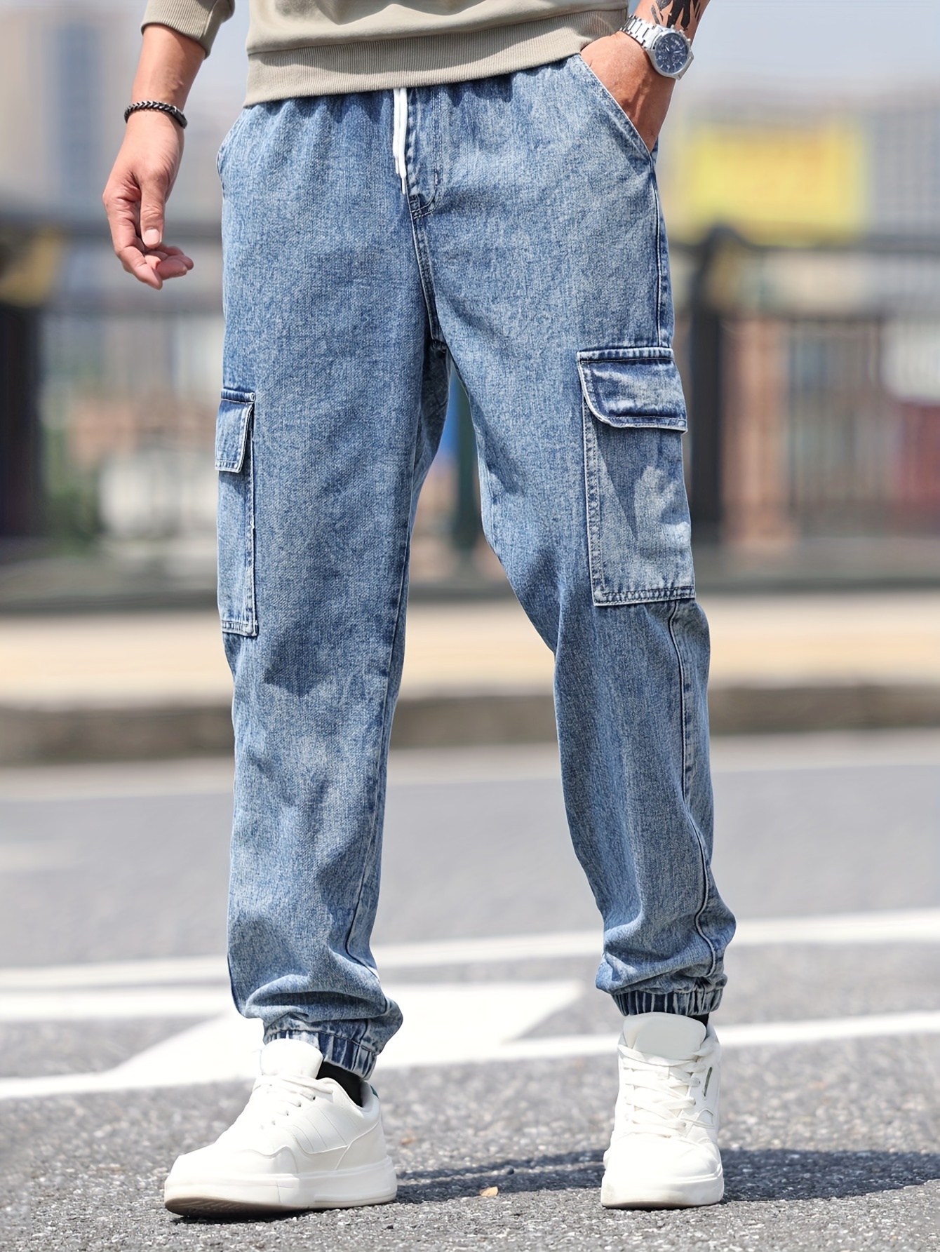 Loose Fit Flap Pocket Jeans Men's Causal Street Style Cargo - Temu New  Zealand