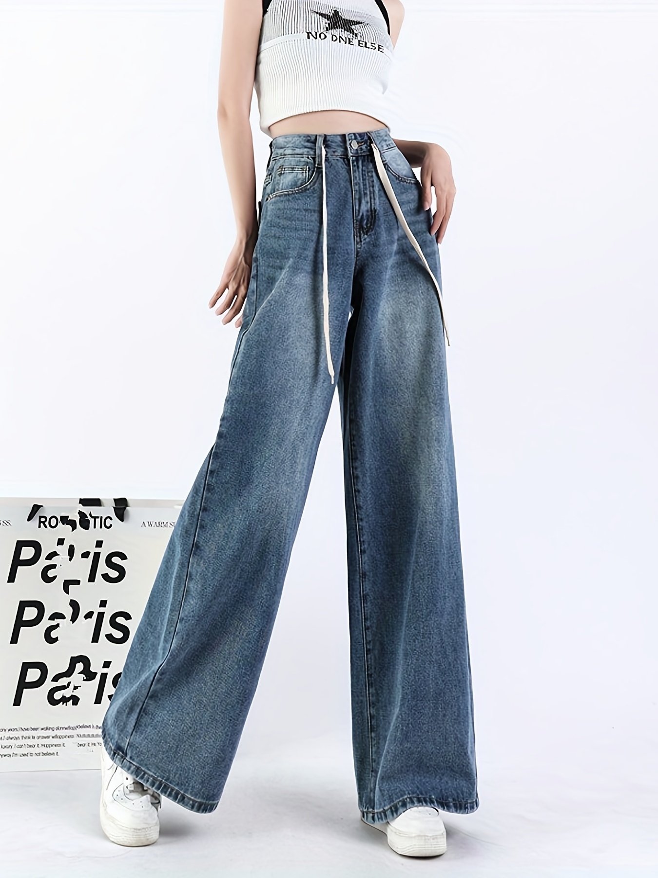 Women's Classic Denim Jeans Wide Leg Elastic High Waist Drawstring Pants  with Pockets, Light Blue, Medium : : Everything Else