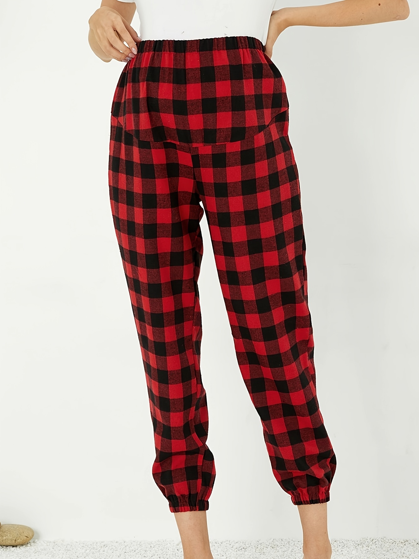 Women's Maternity Casual Stretchy Lounge Pants with Plaid Pattern