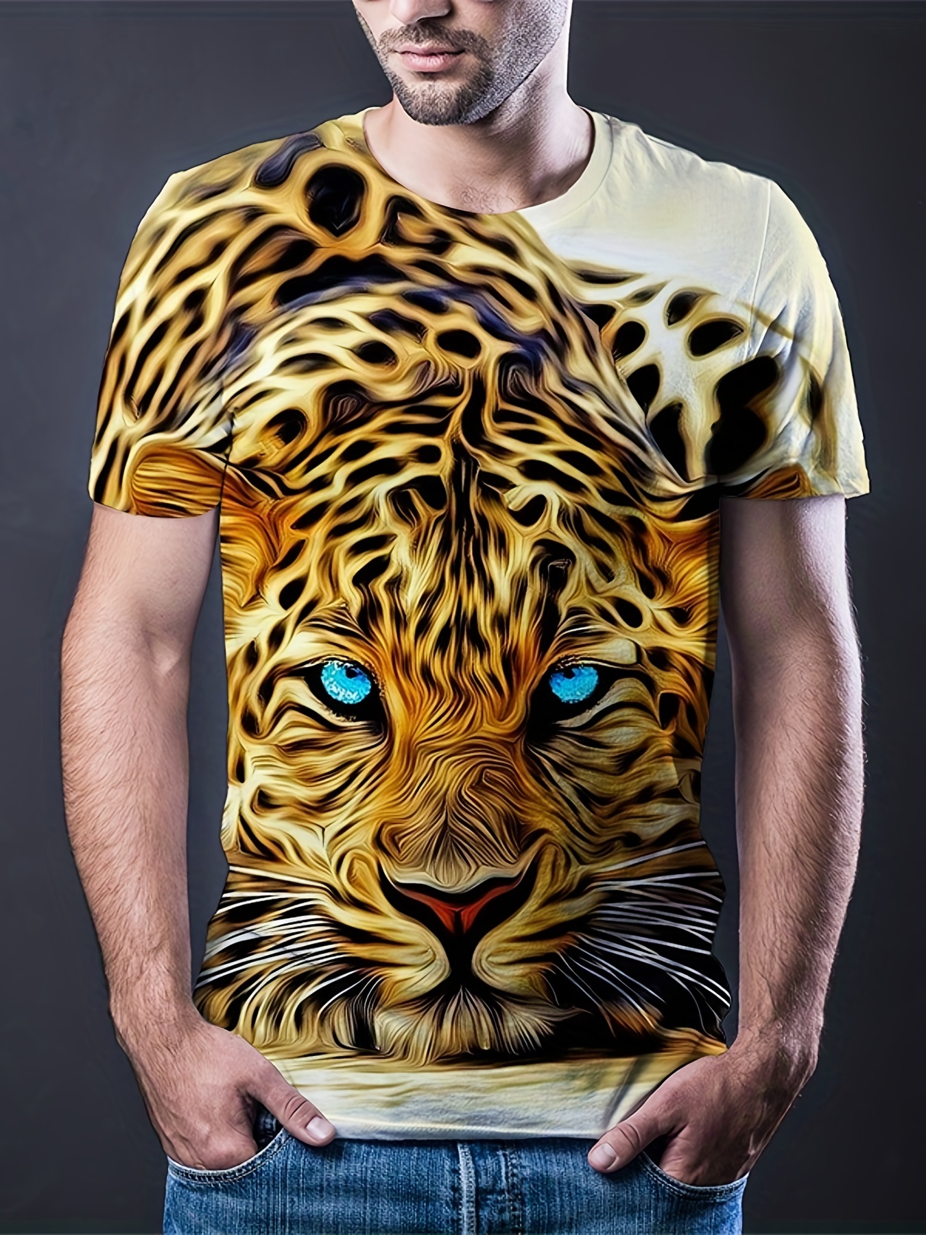 mens leopard 3d digital print graphic tee casual comfy short sleeve pullover top for summer outdoor wear light yellow 2