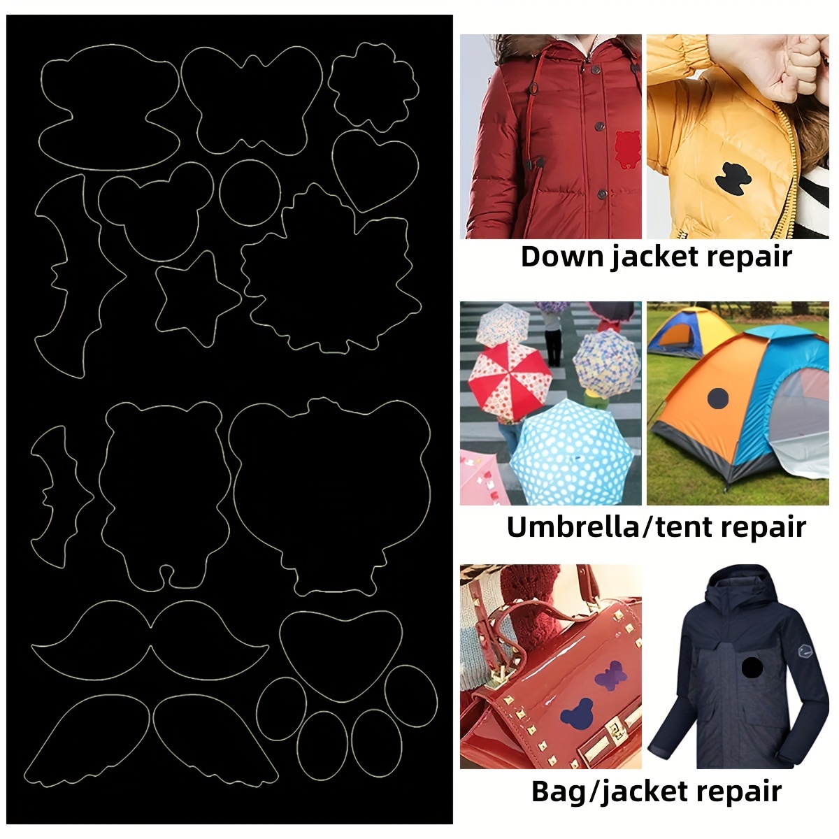 Down Jacket Repair Subsidy Patch, Tent Repair Subsidy, No Cuts  Self-adhesive Patch Cloth, School Bag Repair, Leather Bag Repair, Large  Black Repair Subsidy Cloth, Washable Sticker, Free Ironing Clothes Repair  Accessories, Large