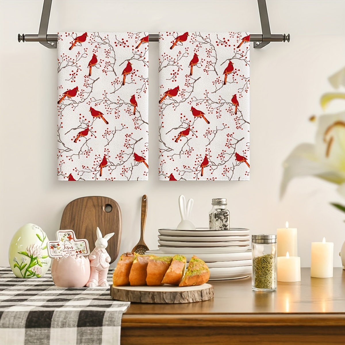 Red and Ivory Kitchen Towels, Set of 2 Kitchen Towels, Hand Towel