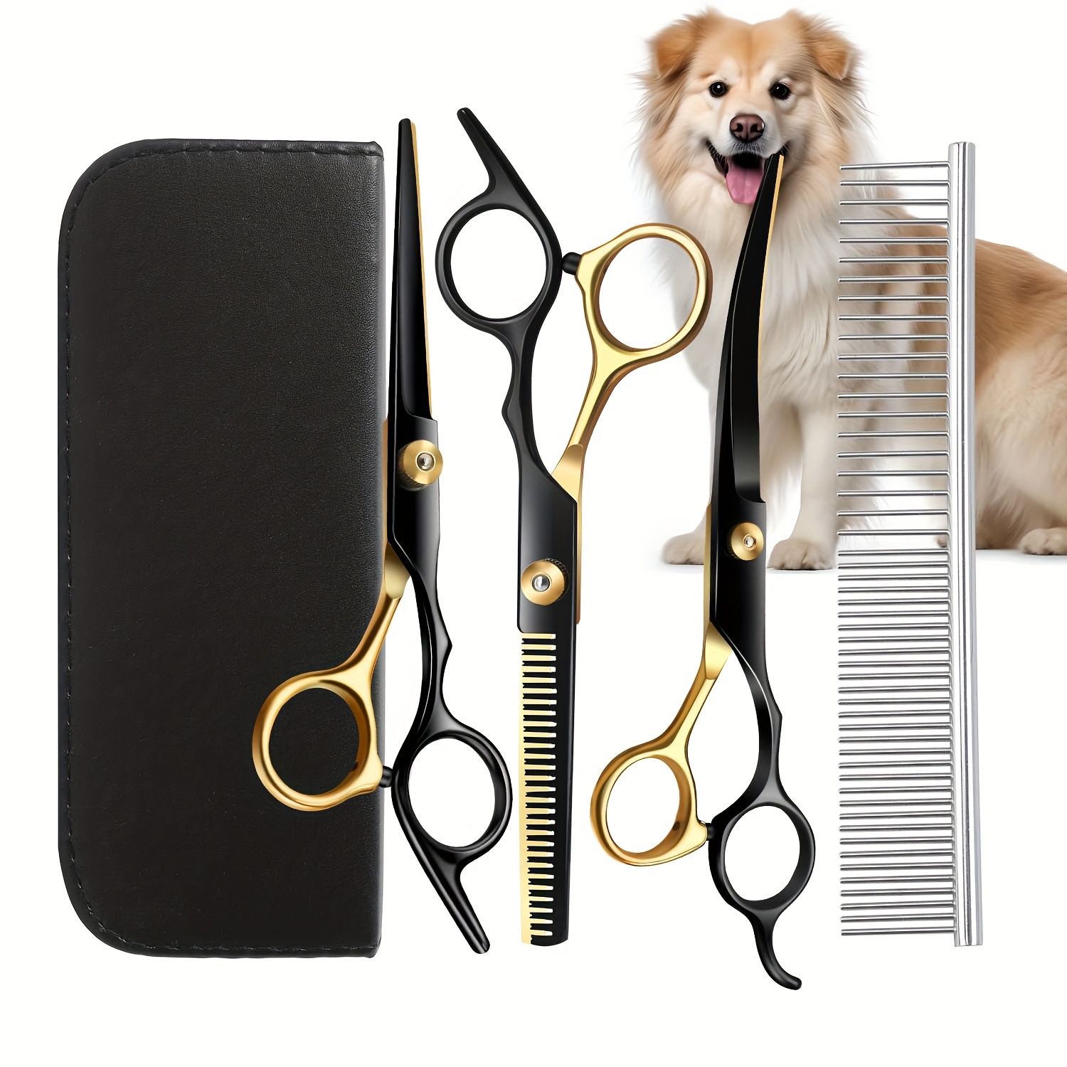 

5pcs Professional Pet Grooming Scissors Set - Flat Tooth And Curling Scissors With Steel Comb And Leather Bag - Perfect For Precise And Safe Trimming, Shaping, And Styling Your Pet's Fur