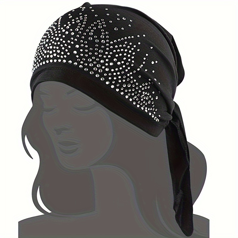 

Rhinestone Decor Turban Hats Elegant Solid Color Beanies Soft Elastic Head Wraps Ramadan Headscarf For Women Daily Use