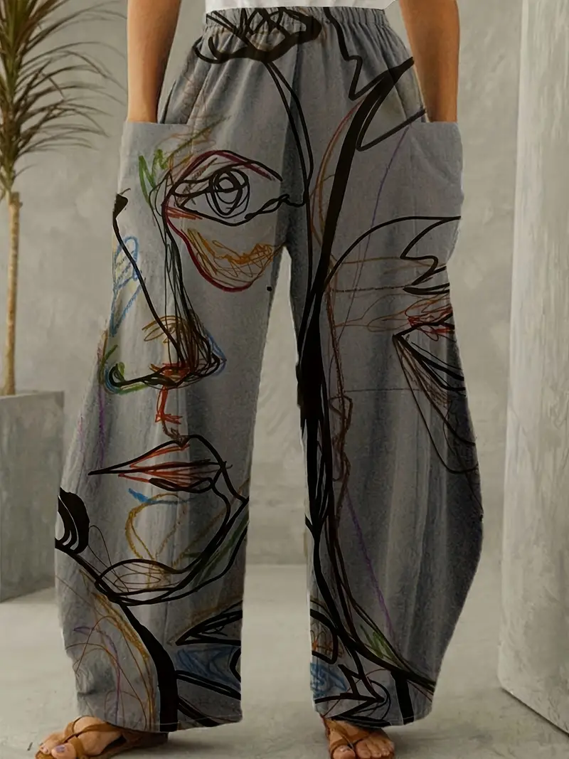 Plus Size Geometric Print High Wide Leg Pants Women's - Temu Canada
