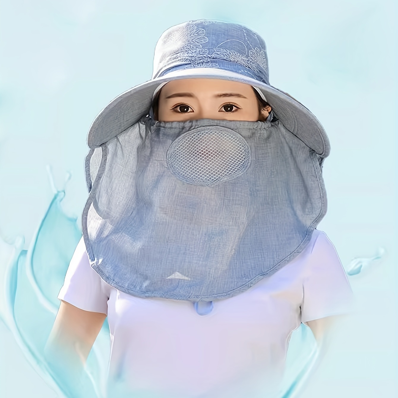Solid Color Summer Sun Hat Breathable Mask Neck Flap Wide - Temu